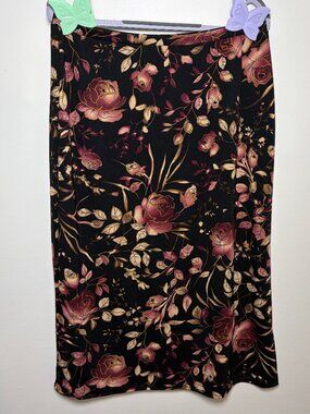 90s Vintage Black Rose Floral Midi Skirt Van Heusen Medium Dark Fairy Whimsygoth